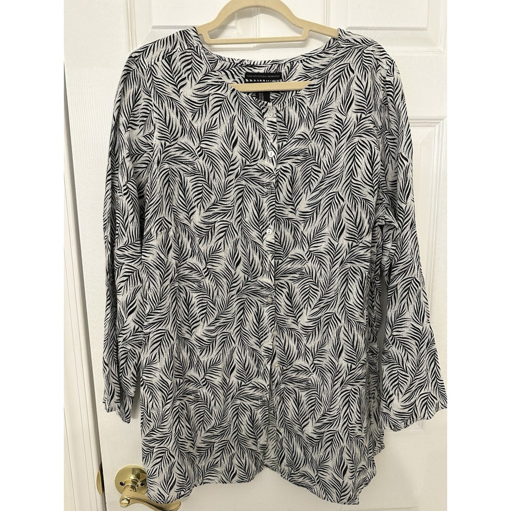 Tahari Black White Leaf Print 100% Linen Button V-Neck Tunic Blouse 1X